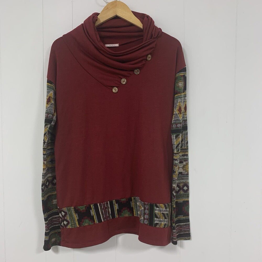 Mon Ami Maroon Aztec Sleeve Sweater Asymmetric Cowl Neck Size L
